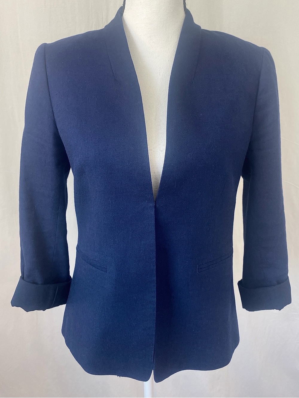 J. Crew Navy Blue Collarless Blazer Jacket Linen Cotton Blend size 6 Classic